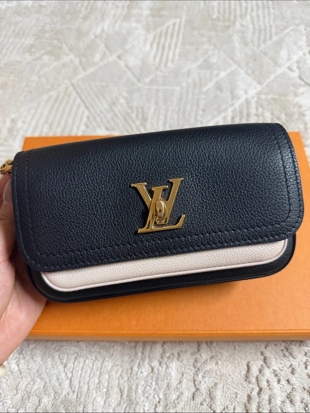 Louis Vuitton Lockme Tender Pouchette Shoulder Bag & Crossbody Gold LV Hardware.